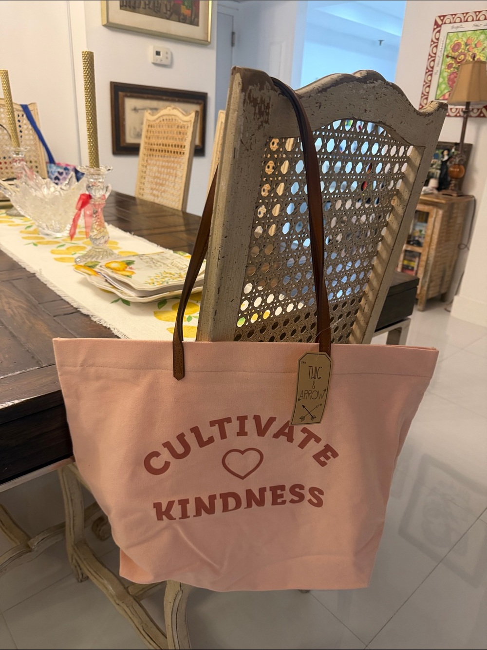 Twig & Arrow "Cultivate Kindness" Pink Canvas Tote with Brown Straps